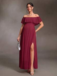 Cheriluna Maternity Elegant Off-Shoulder Ruffle Sleeve Side Slit A-Line Chiffon Maternity Dress - Burgundy - View 6