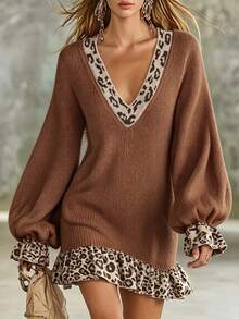 SHEIN Women's V-Neck Colorblock Casual Daily Knit Dress - Brown - View 2