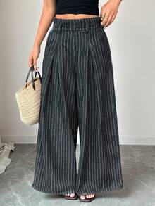 SHEIN Women's High Waist Elegant Fashion Pleated Elastic Waist Loose Wide Leg Versatile Casual Denim Jeans - Black - View 6