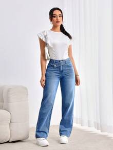 EMERY ROSE Quần Jeans Ống Thẳng Dáng Rộng Thường Ngày Có Túi Eo Bất Đối Xứng Cho Nữ - Rửa trung bình - Xem 8