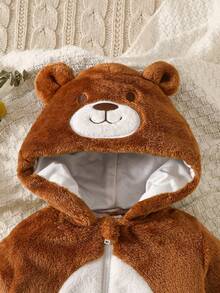 SHEIN Playful Pals Winter Warm Hooded One-Piece Baby Costume - Coffee Brown - View 3