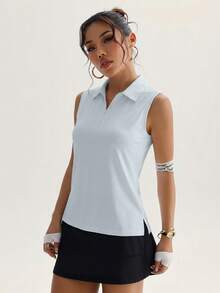 CourtClass CourtClass 女款運動瑜珈戶外健身 Polo 衫，半拉鍊領口與開衩下擺 - 淺藍色 - 查看 3