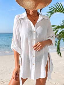 SHEIN Swim 夏季新款女款海灘度假優雅臥室休閒寬鬆鈕扣設計長袖側開衩綁帶和服，泳池派對、音樂節、假期、母親節、婚禮、臥室 - 白色 - 查看 3