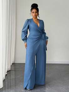 Maweii Plus Size Sexy Lace-Up Wrap Jumpsuit Fall - Blue - View 5