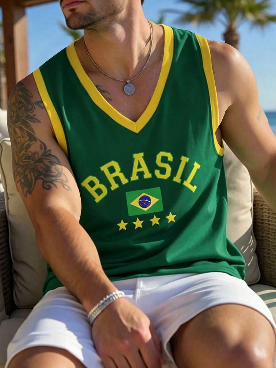 Manfinity Dauomo Men's Casual Vacation Letter Print Colorblock Tank Top Beach - Green - View 1
