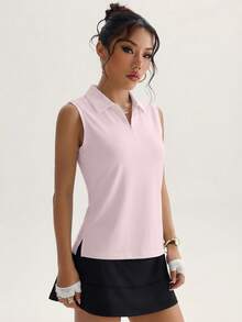 CourtClass CourtClass Polo deportivo de yoga para mujer, para exterior y gimnasio, con media cremallera, cuello y bajo con abertura - Rosa - Ver 2