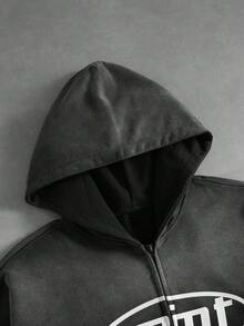 ROMWE MEN 男士拉鍊字母圖案日常穿著連帽水洗漸層運動衫 - 黑色 - 查看 2