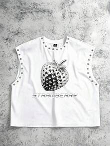 Manfinity ZONE917 White Metallic Beaded Cropped Tank Top With Metallic Strawberry Print Design - White - View 6