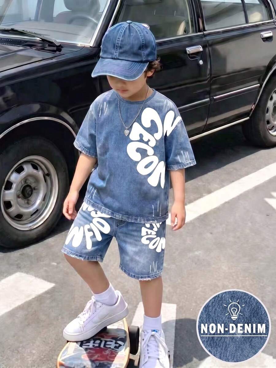1套男童時尚字母印花休閒圓領短袖T恤與短褲,簡約百搭,適合日常穿著,時尚酷感休閒風 - 彩色 - 查看 1