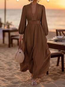 Linhara CURVE Plus Size Women Brown Textured Ruched V-Neck Petal Sleeve Long Casual Elegant Dress Fall - Coffee Brown - View 4