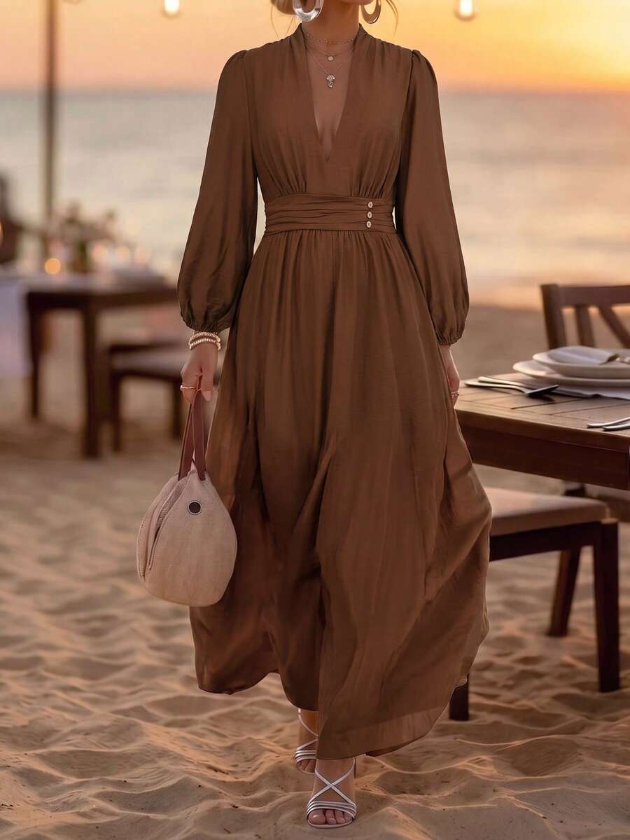 Linhara CURVE Plus Size Women Brown Textured Ruched V-Neck Petal Sleeve Long Casual Elegant Dress Fall - Coffee Brown - View 1