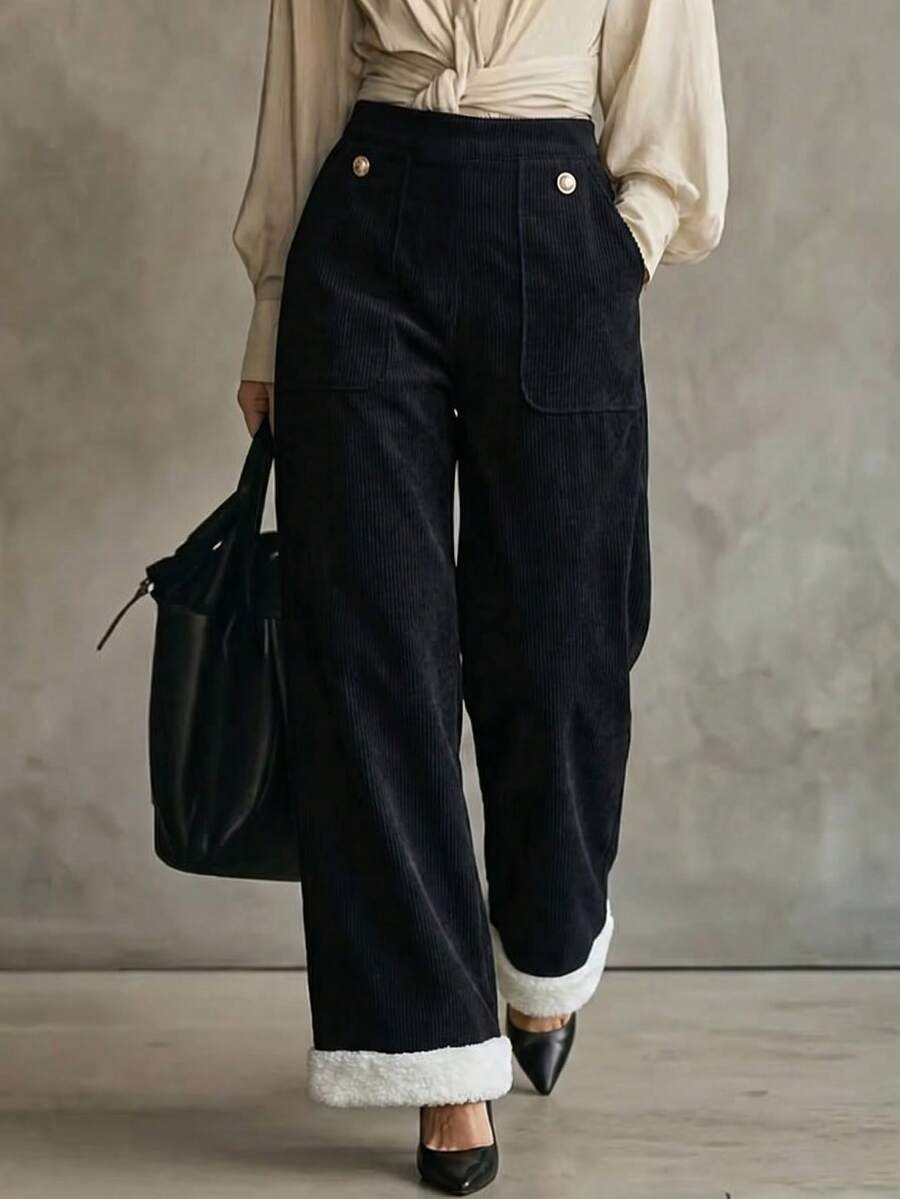 Franclia Women's Thick, Long, Loose, Flared, Textured, Fuzzy Patchwork Black Pants, Slimming Effect, Winter - Black - View 1