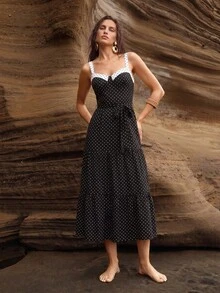 Swim Chiccia Gaun Musim Panas Motif Polkadot Hitam Putih Kontras dengan Tali Bahu Tipis - Hitam - View 1