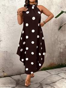 Breezaya Vestido casual elegante de verano para mujer talla grande con cuello con cremallera, sin mangas y estampado de lunares - Café integral - Ver 1