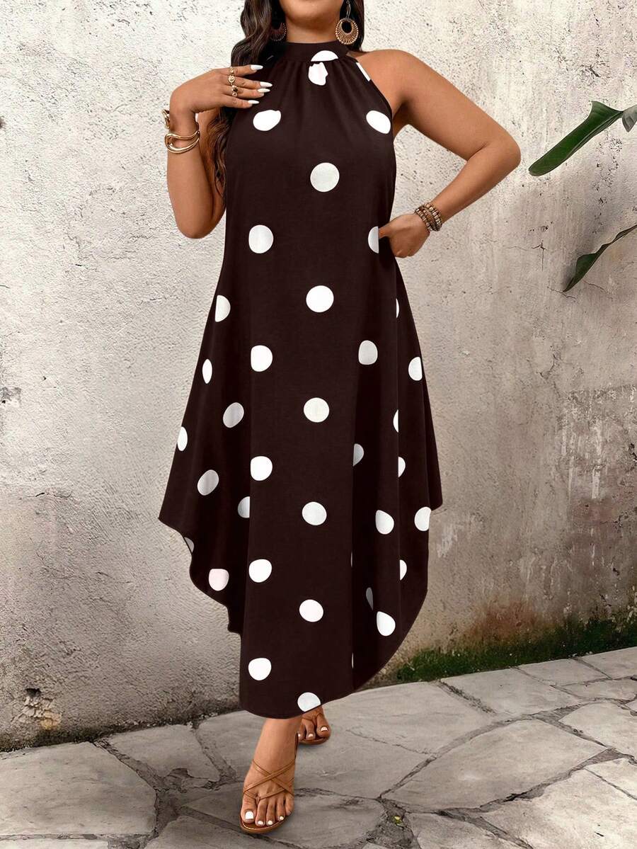 Breezaya Vestido casual elegante de verano para mujer talla grande con cuello con cremallera, sin mangas y estampado de lunares - Café integral - Ver 1