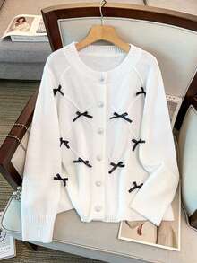 GlowEve CURVE Plus Size Elegant Asymmetrical Shoulder Contrast Color Long Sleeve Cardigan Sweater - White - View 1