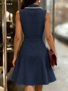 SHEIN Women's Faux Pearl Decor Double-Breasted Elegant Mature Sleeveless Short Dress Dinner Office Navy Blue Summer - Navy Blue - View 2