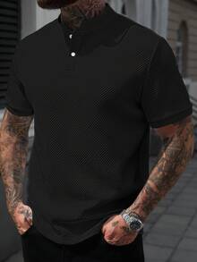 Manfinity Homme 男士立領 Polo 衫，針織提花面料，休閒時尚百搭風格 - 黑色 - 查看 3