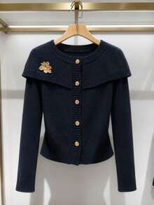 GlowEve Cardigan Wanita Model Baru Musim Gugur/Dingin, Kerah Syal Berkerut, Dekorasi Bunga Emas 3D, Kancing, Kancing Logam Pendek, Lengan Raglan, Lengan Panjang, Pinggang Bergaris, Cardigan Rajut Model Single-Breasted - Navy Blue - View 1