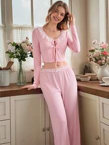 Snug Reverie Solid Color Ice Silk Patchwork Lace Romantic Cute Kawaii Tie Long Sleeve Long Pants Women's Loungewear Set Lounge Sleep Light Pink Autumn - Pink - View 1