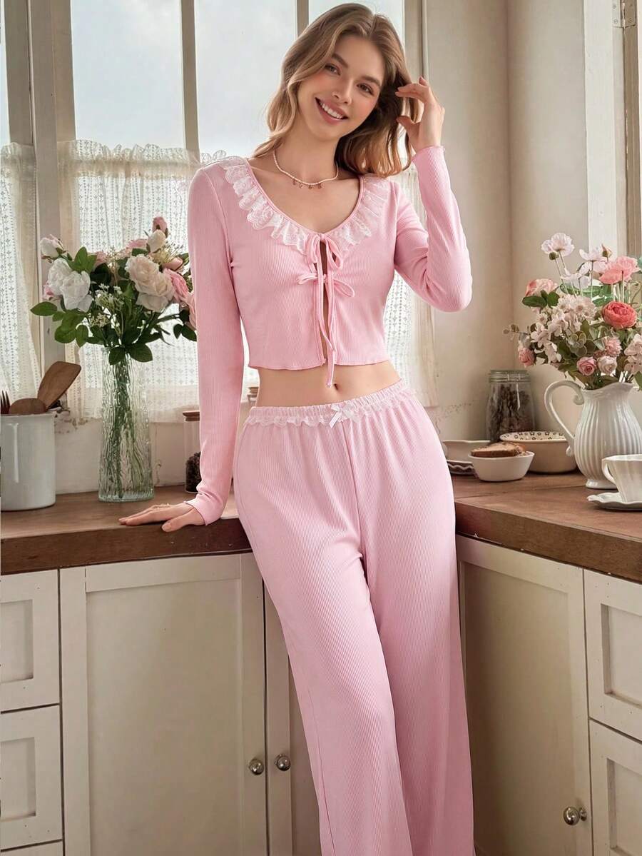 Snug Reverie Solid Color Ice Silk Patchwork Lace Romantic Cute Kawaii Tie Long Sleeve Long Pants Women's Loungewear Set Lounge Sleep Light Pink Autumn - Pink - View 1