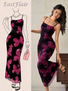 EastFlair Women Black And Purple Floral Print Elegant Sexy Summer Dress, Chinese Style Patterns Fit-And-Flare Plunge Neck Vacation Party Wedding Dinner Date - Black - View 1