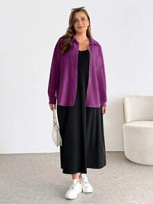 SHEIN Essnce Plus Size Women's Solid Color Spaghetti Strap Dress And Long Sleeve Cardigan Casual Daily 2-Piece Set - Red Violet - View 3
