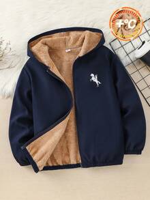 SHEIN KidsTweenBoy 男童休閒百搭厚絨連帽外套，秋季萬聖節復古款，男童外套，冬季上衣，冬季外套 - 彩色 - 查看 5