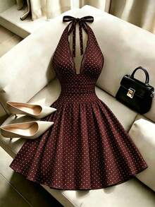 GlowEve Women's Halter Neck Sleeveless Waist-Cinching A-Line Short Dress, Bow Tie, Brown And White Polka Dot Pattern, Textured Fabric, Summer Elegant Holiday - Burgundy - View 8