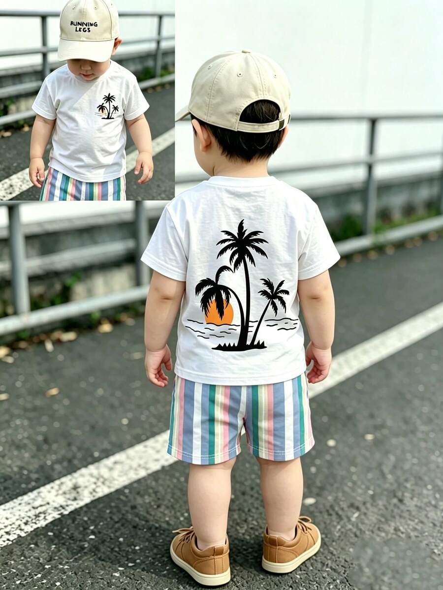 男嬰夏季椰風 2 件套,度假風椰子樹與日落印花短袖上衣,拼色條紋短褲套裝,適合旅行、露營、海灘,寬鬆版型,熱銷款,易搭配,適合日常外出、居家與遛娃 - 彩色 - 查看 1