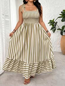 SHEIN Tall CURVE 大码女式褶皱条纹系带荷叶边下摆连衣裙 - 卡其色 - 查看 3