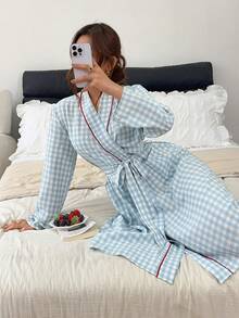 Napfluff Romantic Blue Women's Plaid Print Long Sleeve Robe - Blue - View 6