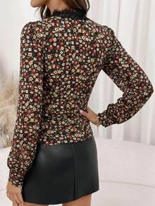 SHEIN Clasi Damen V-Ausschnitt Langarm Schwarz Spitzenbesatz Figurbetont Strick Elastisch Plissiert Elegant Lässig Pendeln Herbst/Winter T-Shirt - Verschiedenfarbig - Übersicht 2