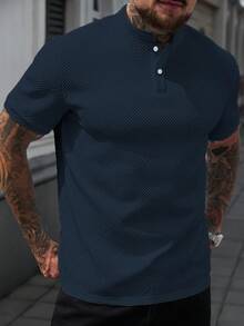 Manfinity Homme 男士立領 Polo 衫，針織提花面料，休閒日常穿著，時尚百搭風格 - 藏蓝色 - 查看 1