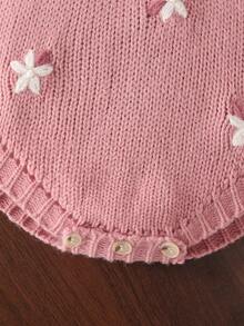 SHEIN Vintaside Kids 女童粉色針織連身褲，荷葉袖與花卉刺繡設計，柔軟舒適針織，可愛復古風嬰幼兒套裝 - 藕粉色 - 查看 5