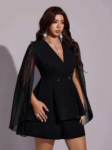 Viva Relle Plus Size Women Solid Color Double-Breasted Cape Design Blazer Vest And Shorts Elegant Set - Black - View 1