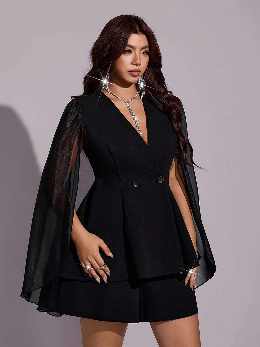 Viva Relle Plus Size Women Solid Color Double-Breasted Cape Design Blazer Vest And Shorts Elegant Set - Black - View 1