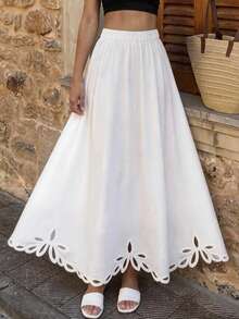 Vaclyn Women's Casual Vacation Style Embroidered Hollow Out Midi Skirt - White - View 5