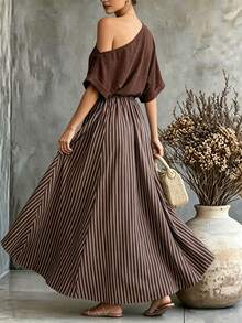 SHEIN Women's Summer Dress, Elegant Dress, Beach Dress, Outing Dress, Casual Dress, Business Dress, Vacation Dress, Striped Dress, Brown Dress - Brown - View 3
