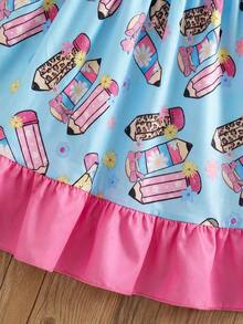 SHEIN 女童黃色格紋檸檬印花度假風可愛連身裙 - 藍色 - 查看 9