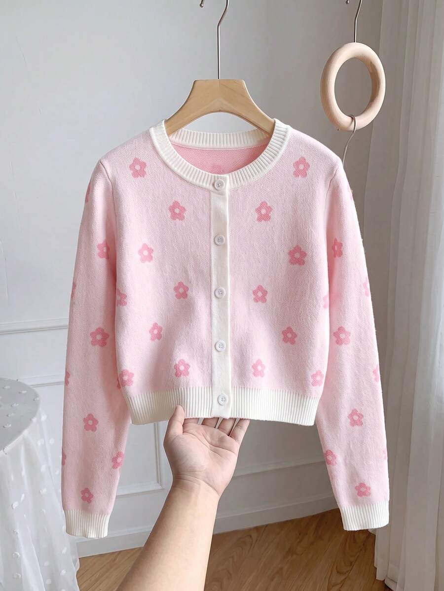 SHEIN 女童愛心圖案手工蝴蝶結針織長袖毛衣 - 彩色 - 查看 1
