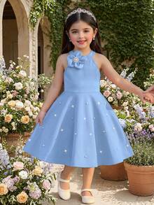 Elladie kids 女童蓝色露背A字连衣裙，饰有3D立体花朵和珍珠，甜美公主风，适合生日派对和夏季穿着。 - 藍色 - 查看 8