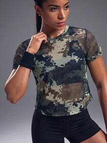 Powerista Women's Loose Mesh Camo Print Sports T-Shirt & Tank Top - Army Green - View 9