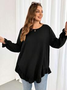 Shapeblank Damen-Bluse in großen Größen für Frühling/Herbst, lässig, locker, bequem, vielseitig, schlankmachend, mit Rüschensaum, schwarz, langärmlig, süßes Top, Herbstkleidung, Ausgeh-Top, minimalistischer Stil - Schwarz - Übersicht 5