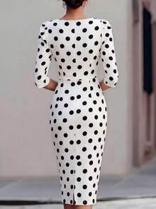 SHEIN LUNE Women's Elegant Casual Black And White Polka Dot Midi-Length Fitted Dress - Black and White - View 2