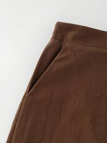 LUMIGAL Vintage Casual Commute Elegant Linen Circle Decor Asymmetrical Hem Screen Tie Pocket Wide Leg Long Pants - Brown - View 6