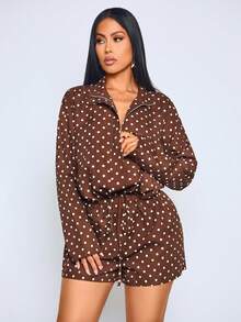 SOLERSUN Women's Chic Retro Polka Dot Long Sleeve Zip Drawstring Jacket & High Waist Shorts Matching Set (Random Floral) - Brown - View 8