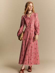SHEIN Women's Elegant Red Plaid Print Long Sleeve Full Skirt Button Dress - Red - View 4