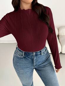 SHEIN Essnce تي شيرت خريف كاجوال بمقاس كبير لون موحد نسيج طويل الأكمام - عنابي اللون - مشاهدة 4