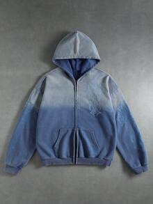 ROMWE MEN Men's Zip-Up Hooded Cross Embroidery Washed Sweatshirt - Blue - View 5
